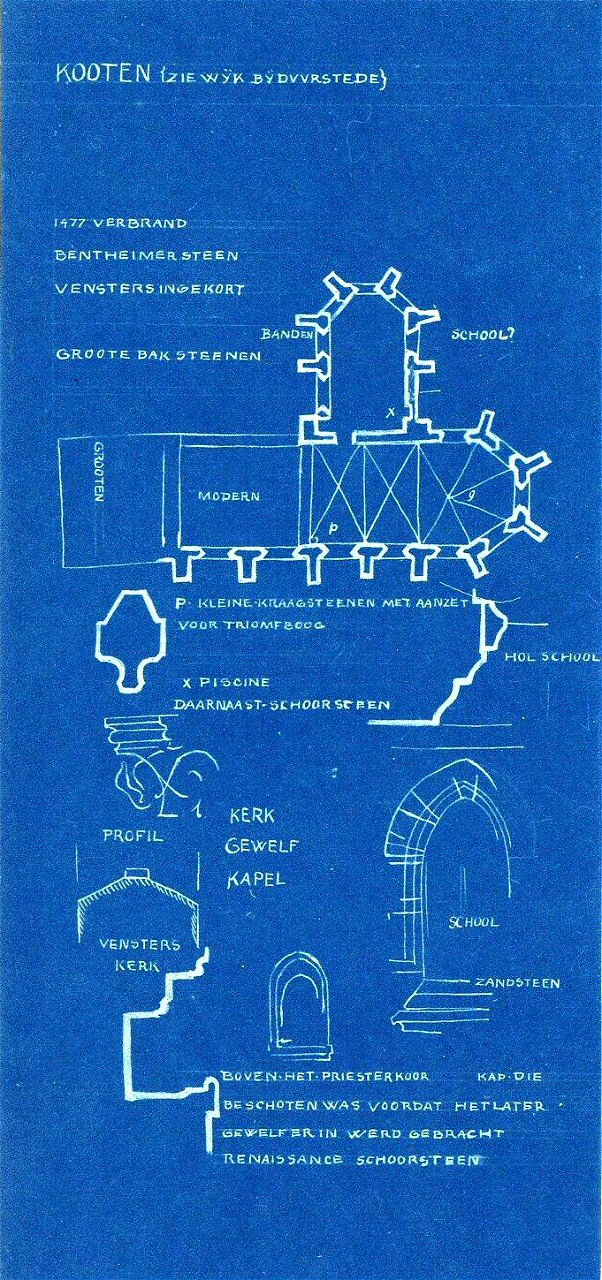 HUA-200490-Plattegrond en afbeeldingen van diverse onderdelen van de Nederlands Hervormde kerk te Cothen