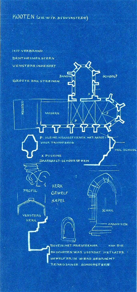 HUA-200490-Plattegrond en afbeeldingen van diverse onderdelen van de Nederlands Hervormde kerk te Cothen