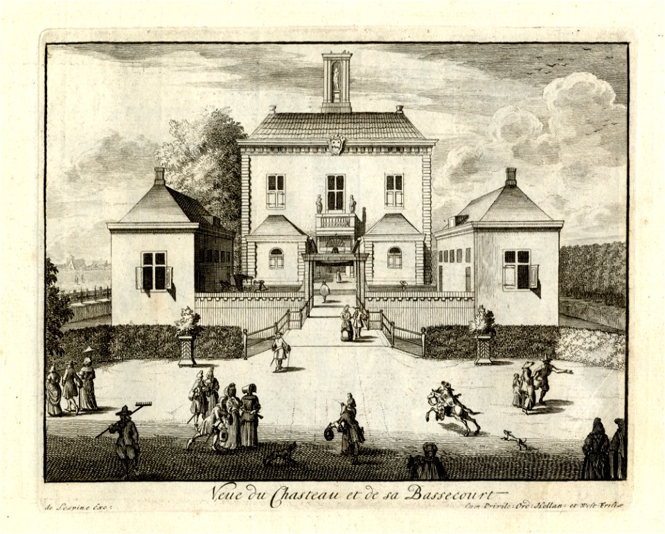 HUA-135939-Gezicht op de voorgevel en de beide bijgebouwen van het kasteel Gunterstein te Breukelen vanaf het voorterrein uit het oosten