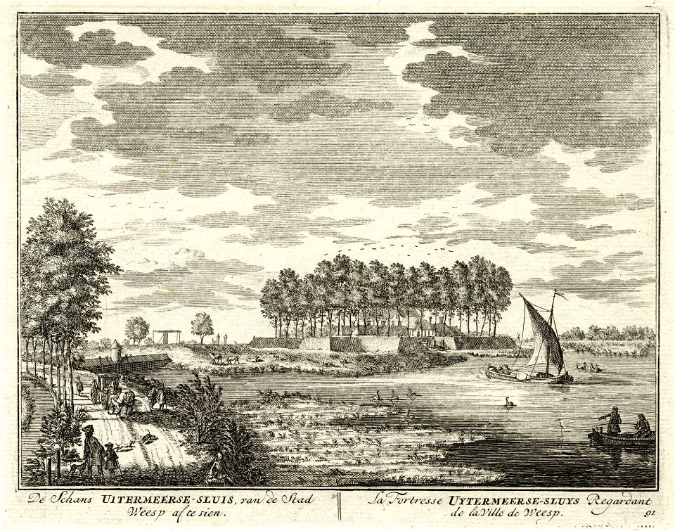 HUA-135782-Gezicht uit het noorden op de Vecht tussen Hinderdam en Weesp met het fort Uitermeer en de Uitermeerse sluis