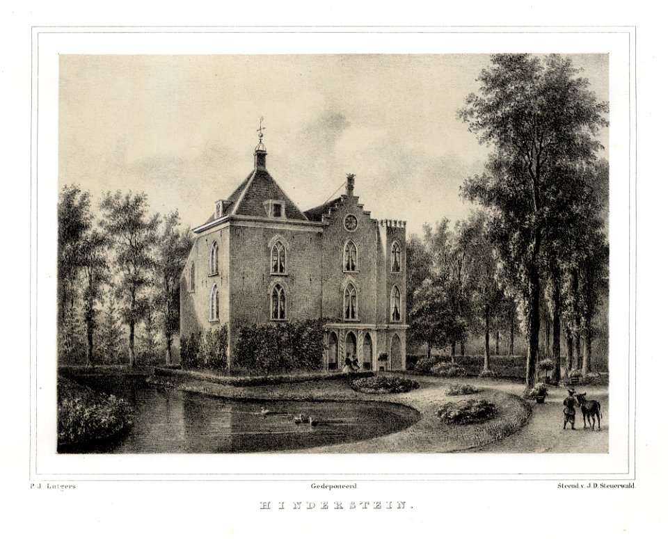 HUA-135918-Gezicht vanuit de tuin op de achtergevel van het huis Hinderstein te NederlangbroekDit kasteel heeft tegenwoordig het adres Langbroekerdijk A 115 te N