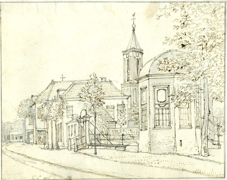 HUA-200664-Gezicht op enkele huizen en een theekoepl te Loenen met op de achtergrond de toren van de Nederlands Hervormde kerk