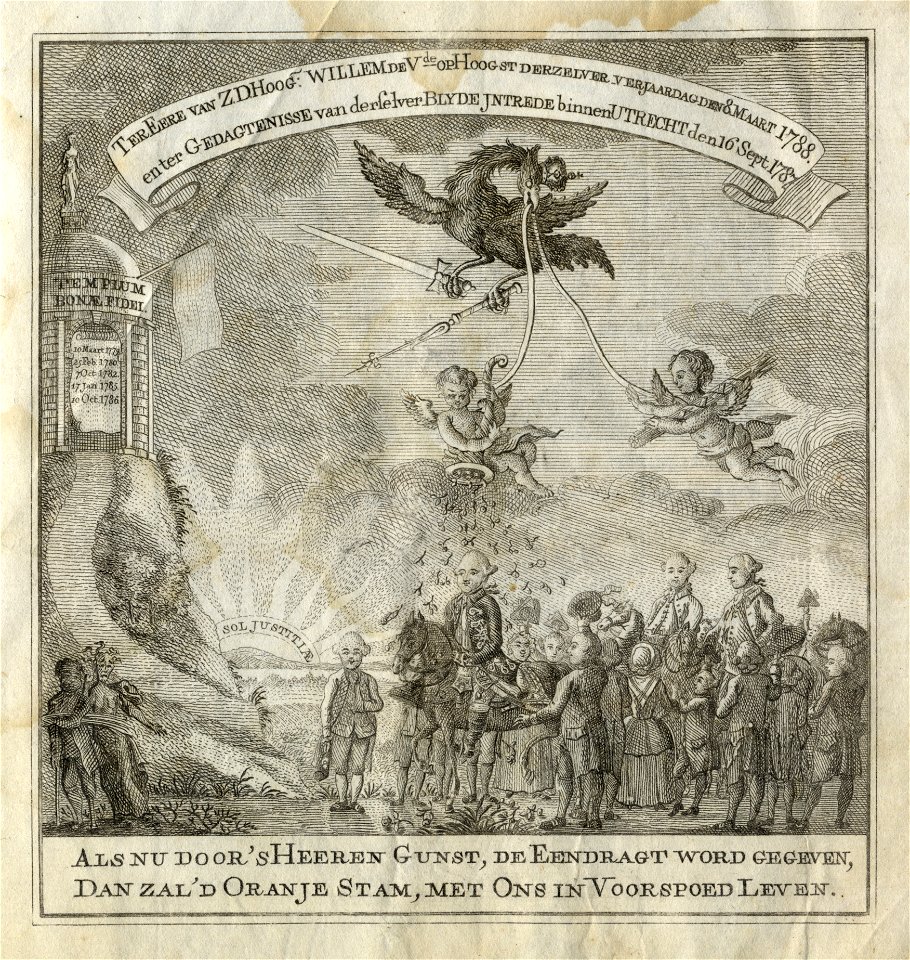 HUA-135536-Afbeelding van het chassinet voor het huis van mr David van Sorgen ter gelegenheid van de verjaardag van prins Willem V van Oranje op 8 maart 1788 met