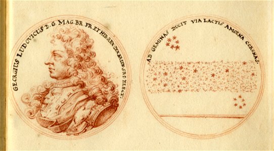 HUA-135531-Links afbeelding van een penning met het portret van koning George I van EngelandRechts afbeelding van de keerzijde van de penning met de Melkweg en h