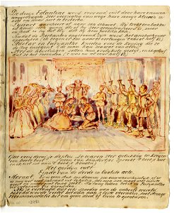 HUA-135581-Afbeelding van een pagina met een tekening van een scene uit de opera Euryanthe van Carl Maria von Weber op 25 maart 1861 in de Utrechtse schouwburg u