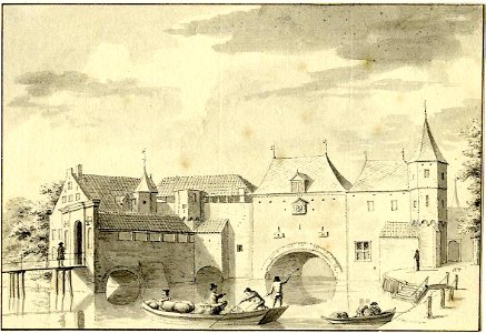 HUA-200027-Gezicht op de Koppelpoort te Amersfoort vanaf de kade langs de Eem uit het noordwesten