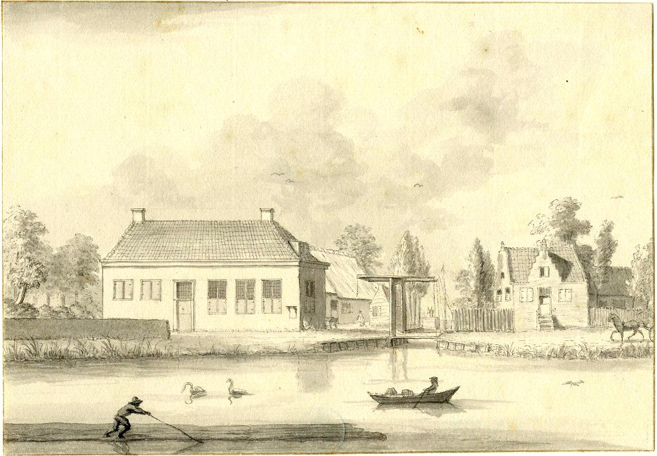 HUA-200657-Gezicht vanaf de Vecht op de buurtschap Mijnden bij Loenen uit het westen met de brug over de uitmonding van de Drecht en op de voorgrond een houtvlot