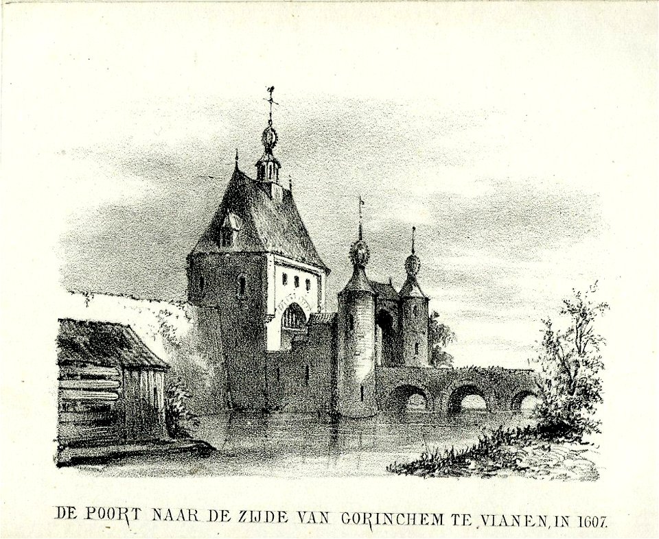 HUA-200916-Gezicht op de stadsgracht met de zuidelijke stadspoort te Vianen