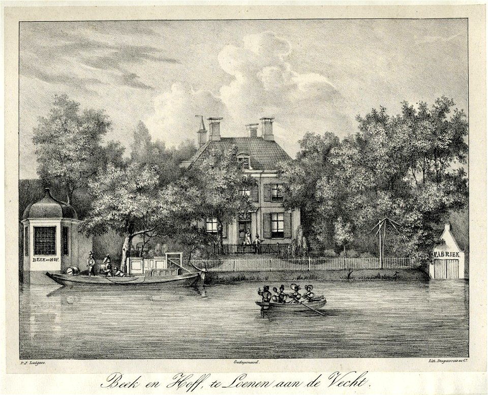 HUA-201158-Gezicht over de Vecht te Loenen op het huis Beek en Hof met zijn theekoepel aanlegsteiger en botenhuis