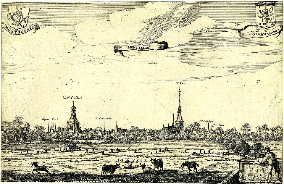 HUA-200239-Profiel van Montfoort vanuit de Heeswijkse polder aangeduid als Heseck uit het noordoosten met links het kasteel en rechts de Janskerk Linksboven het 