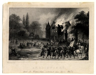 HUA-201065-Gezicht op het middeleeuwse kasteel Oud Amelisweerd tussen Utrecht en Bunnik door Franse troepen in brand gestoken met op de voorgrond Franse soldaten