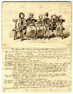 HUA-135544-Afbeelding van de familie Pirantoom die gezeten op een bank in de tentoonstellingszaal commentaar levert op een schilderij Met geschreven commentaar