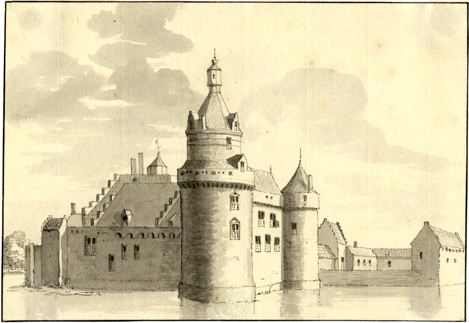 HUA-201200-Gezicht op het kasteel Duurstede te Wijk bij Duurstede met de Bourgondische toren en op de achtergrond de voorburcht uit het noordwesten met links op 
