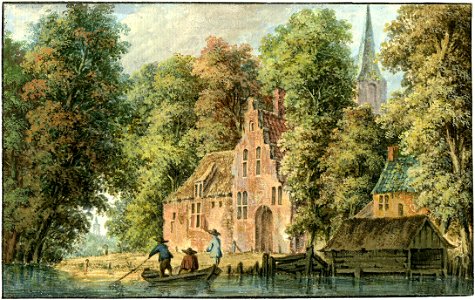 HUA-200768-Gezicht op enkele huizen aan een rivier met op de achtergrond de spits van een kerktoren