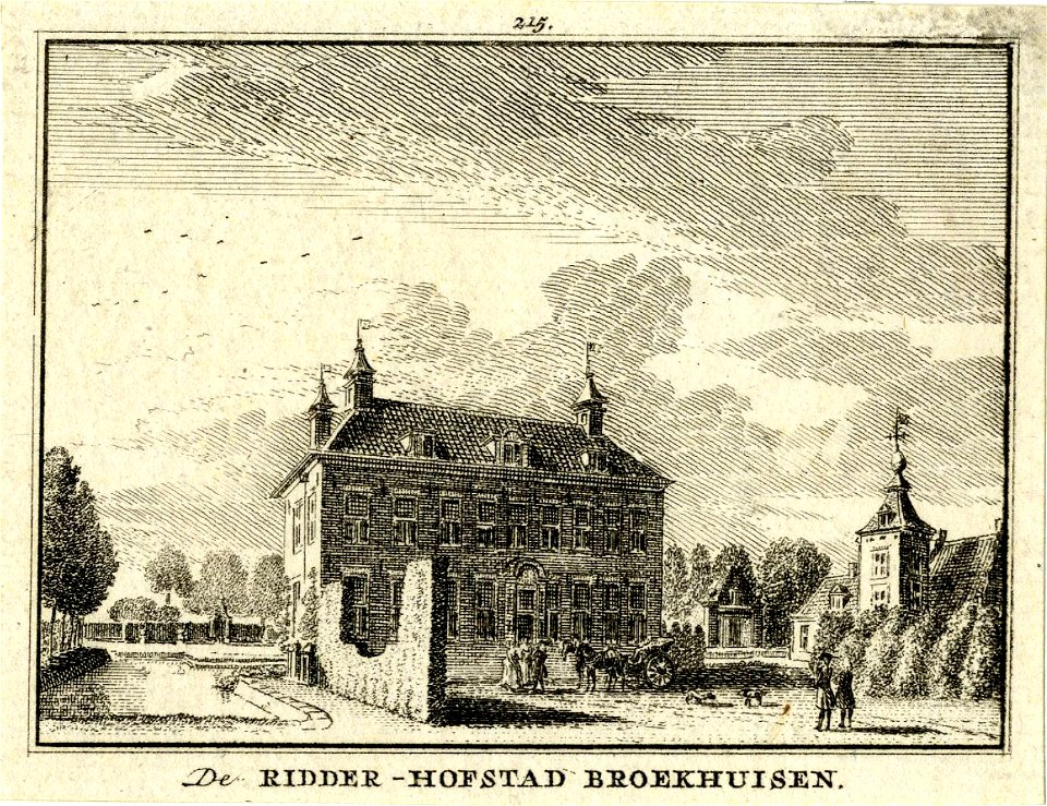 HUA-201141-Gezicht op de zij en voorgevel van het huis Broekhuizen bij Leersum met het terrein voor het huis en enkele bijgebouwen