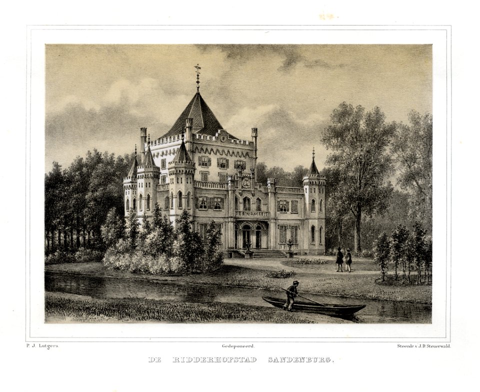HUA-135915-Gezicht over de Langbroekerwetering op de zij en de voorgevel van het kasteel Sandenburg te Nederlangbroek gemeente Langbroek NB Kasteel Sandenburg he