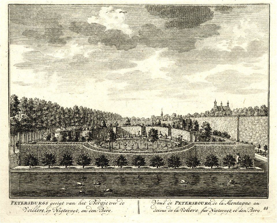 HUA-135779-Gezicht vanaf het bergje op de buitenplaats Petersburg bij Nigtevecht over de vogelvijver in de richting van Nichtevecht en Nederhorst den Berg
