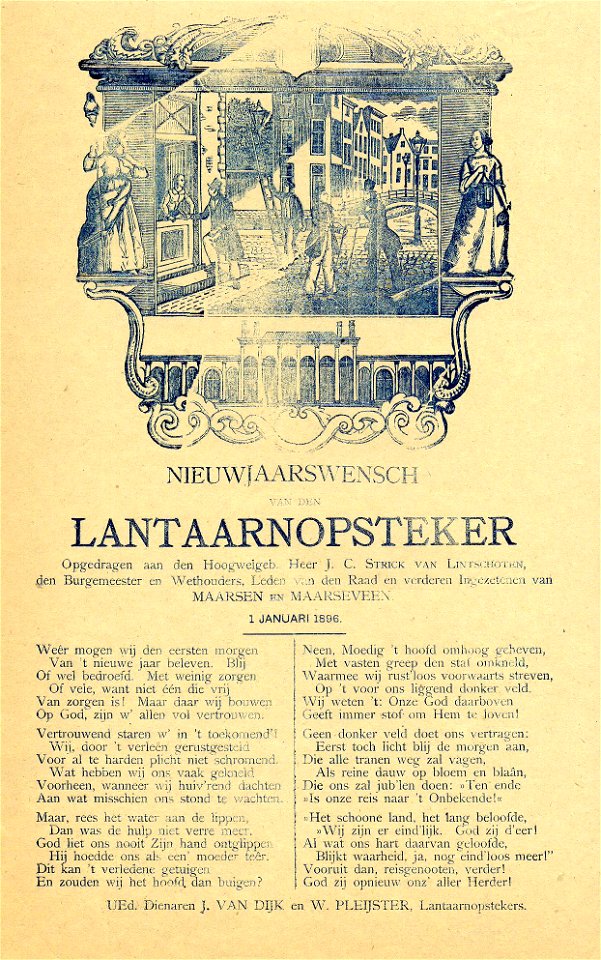 HUA-200713-Gezicht te Maarssen met enkele personen waaronder een lantaarnopsteker met een ladder