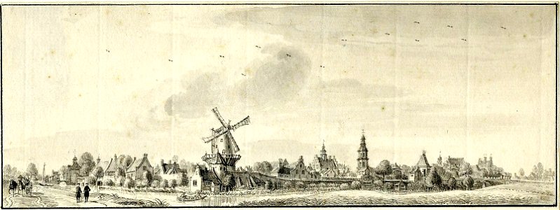 HUA-200282-Gezicht op IJsselstein vanaf de Hogenbiezen uit het zuiden met links de Benschopperpoort in het midden de korenmolen en rechts daarvan het stadhuis en