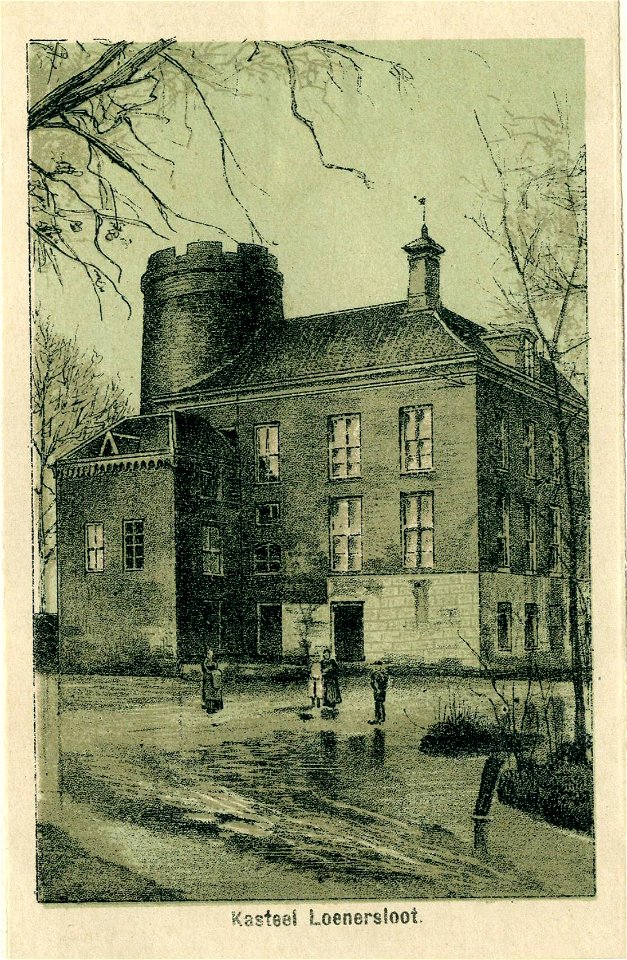 HUA-201544-Gezicht op de zij en achtergevel van het kasteel Loenersloot uit het zuidoostenNB Dit kasteel heeft tegenwoordig het adres Rijksstraatweg 211 te Loene