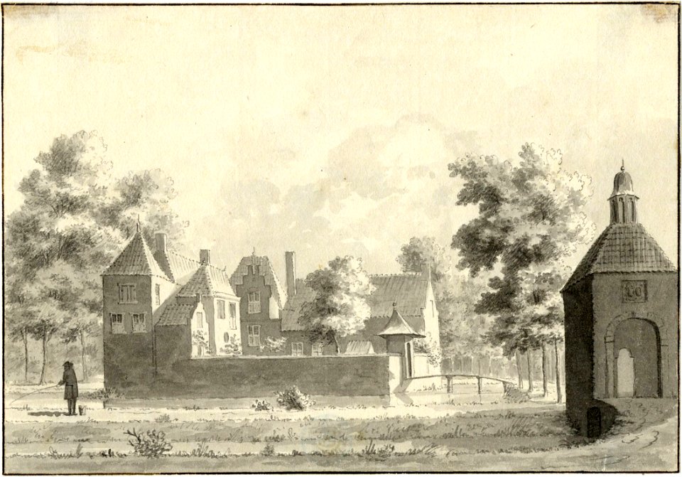 HUA-201267-Gezicht op het kasteel Groenestein bij Nederlangbroek gemeente Langbroek uit het zuiden met rechts het nog bestaande poortgebouwtje