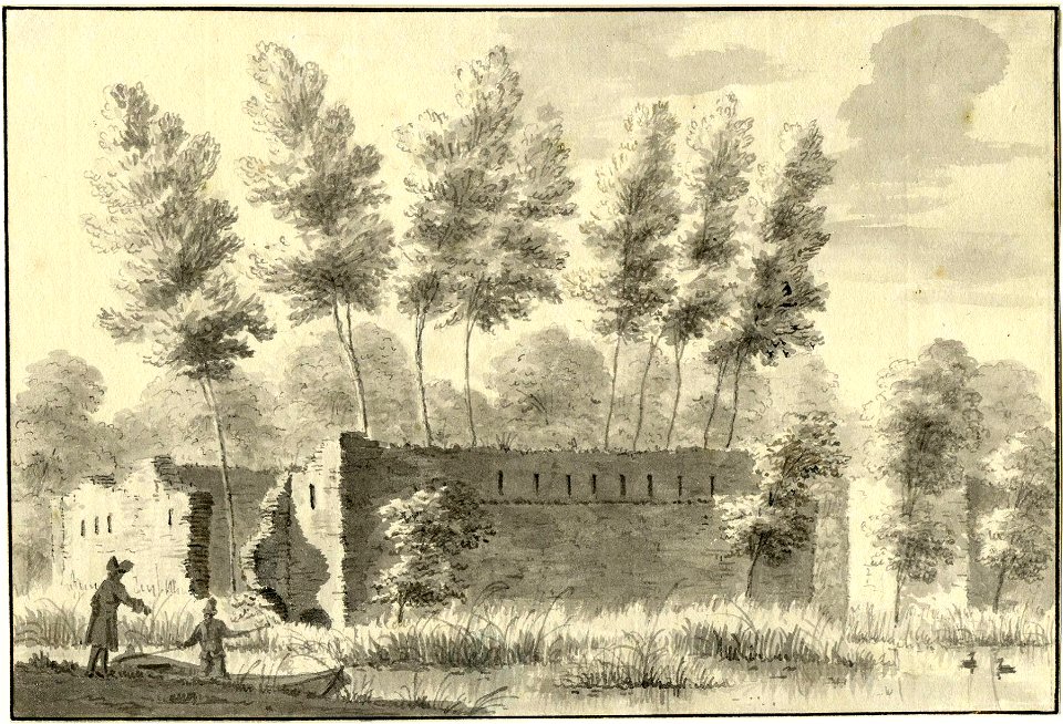 HUA-201021-Gezicht op de ruïne van het kasteel Aastein ook wel Huis ter Aa genoemd bij Ter Aa met in het midden de voorburcht en rechts de middeleeuwse woontoren