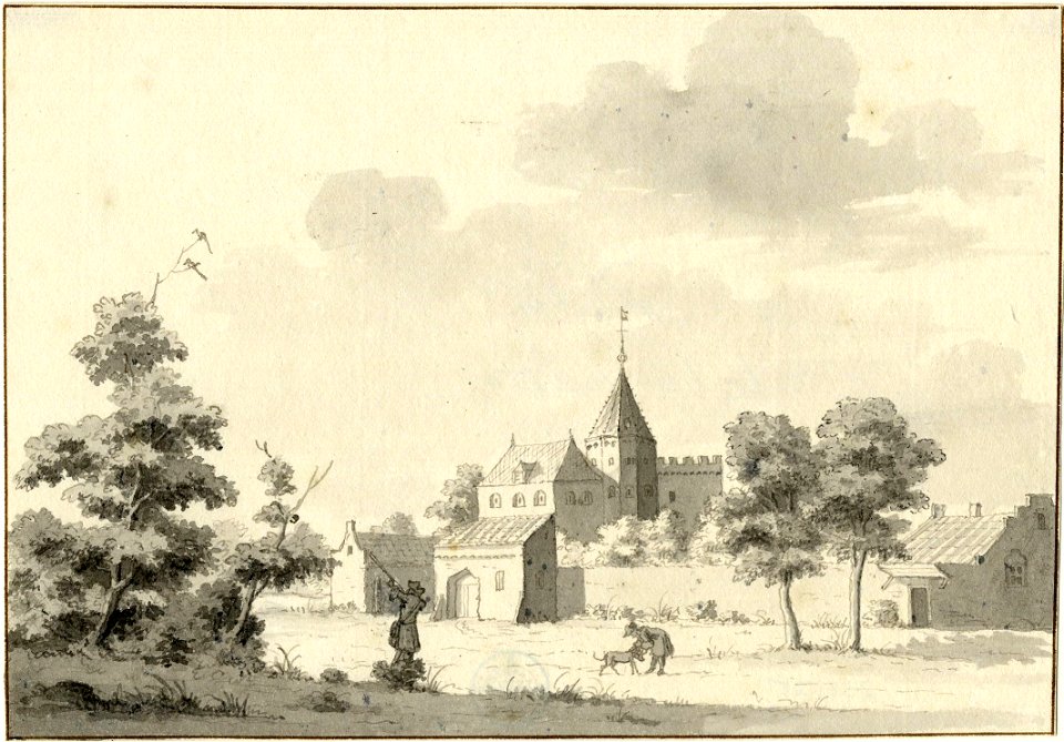 HUA-201175-Gezicht op een ommuurd kasteel met bijgebouwen
