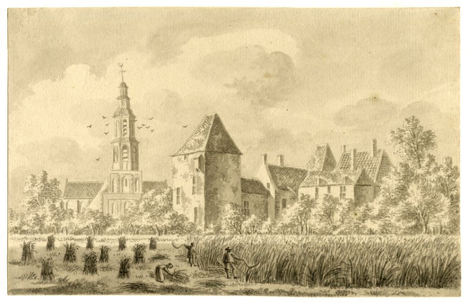 HUA-200260-Gezicht op het kasteel en de Nicolaaskerk te IJsselstein vanaf de Achtersloot uit het westen met op de voorgrond enkele landarbeiders bezig met maaien