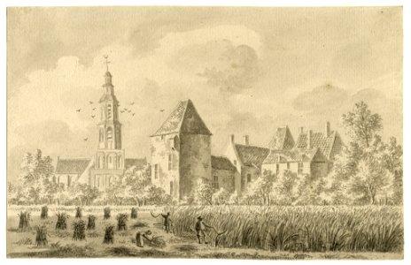 HUA-200260-Gezicht op het kasteel en de Nicolaaskerk te IJsselstein vanaf de Achtersloot uit het westen met op de voorgrond enkele landarbeiders bezig met maaien