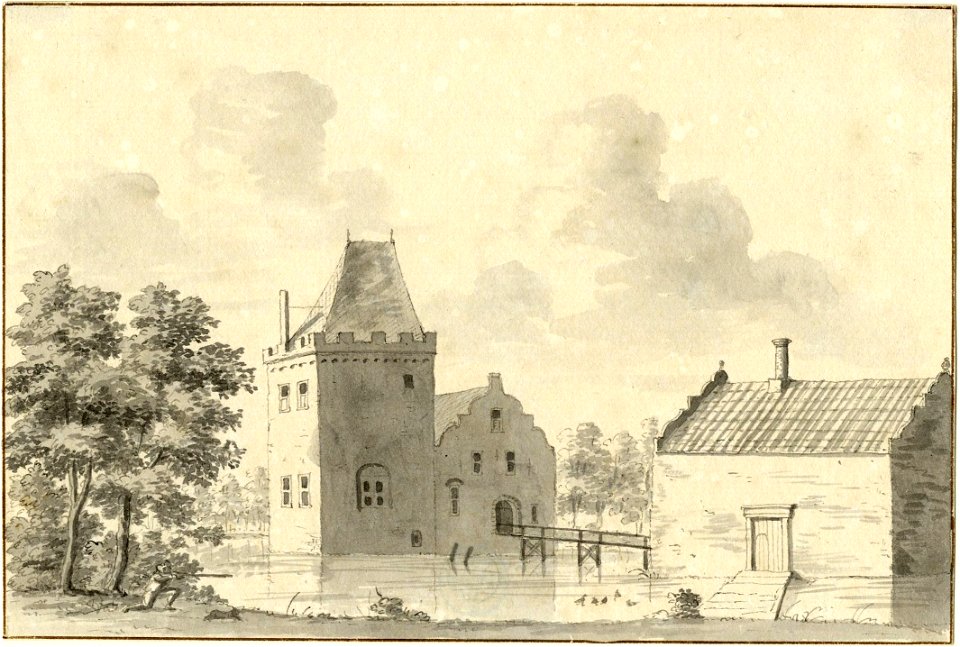 HUA-201423-Gezicht op het huis Hinderstein te Nederlangbroek met op de voorgrond het poortgebouwDit kasteel heeft tegenwoordig het adres Langbroekerdijk A 115 te