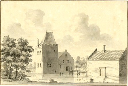 HUA-201423-Gezicht op het huis Hinderstein te Nederlangbroek met op de voorgrond het poortgebouwDit kasteel heeft tegenwoordig het adres Langbroekerdijk A 115 te