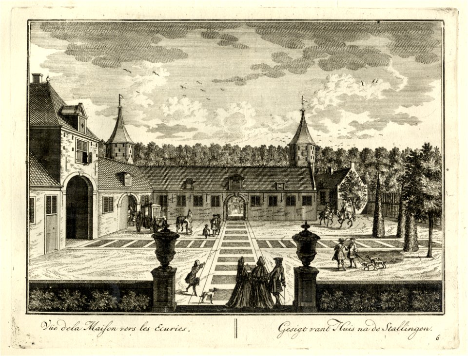 HUA-136025-Gezicht vanaf de trap naar de ingang van het huis op het voorplein van het kasteel Zuilenstein bij Amerongen met het poortgebouw links en de stallen u