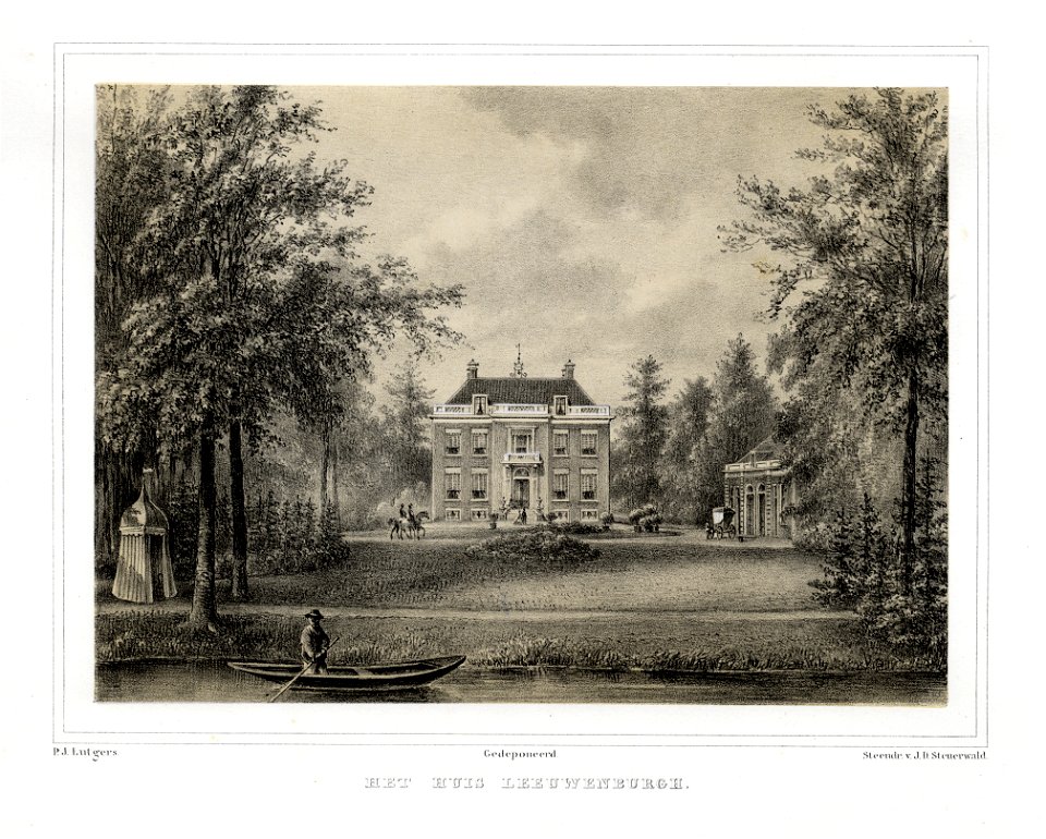 HUA-135919-Gezicht over de Langbroekerwetering op de voorgevel van het huis Leeuwenburgh Langbroekerdijk 39 te Driebergen temidden van het landschapspark met rec