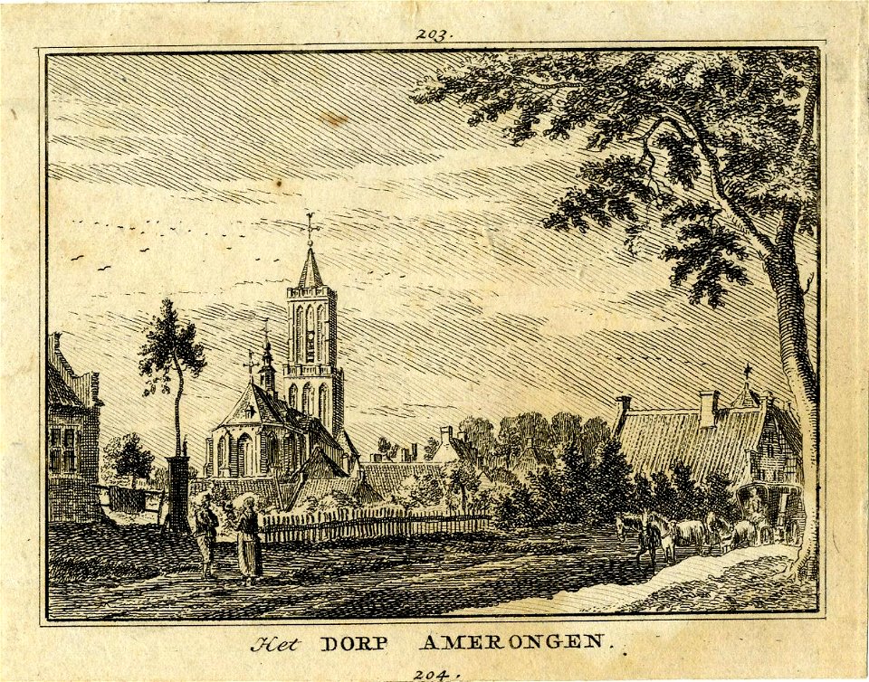 HUA-200345-Gezicht in het dorp Amerongen vanaf de Achterweg met op de achtergrond de Nederlands Hervormde kerk uit het noordoostenNB Na 1945 is de straatnaam Ach