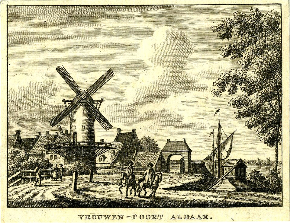 HUA-200171-Gezicht op Wijk bij Duurstede met een korenmolen en de Vrouwenpoort en rechts de Rijn