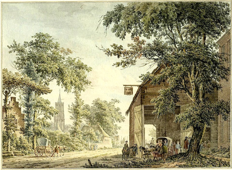 HUA-200360-Gezicht in het dorp Amerongen vanaf de Achterweg met de doorrrijschuur van de herberg Het Rode Hert en op de achtergrond de toren van de Nederlands He