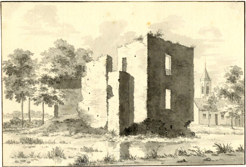 HUA-201503-Gezicht op de ruïne van het kasteel Lievendaal bij Amerongen uit het zuidoosten met op de achtergrond de kerktoren van Amerongen