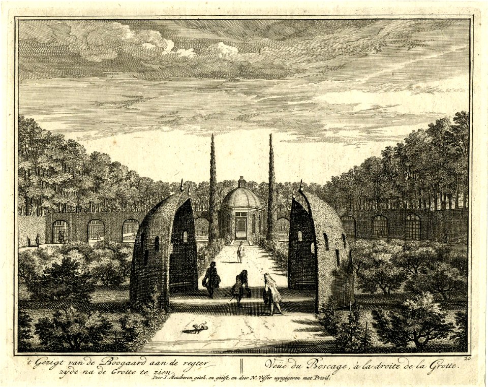 HUA-201406-Gezicht in de tuin van de buitenplaats Heemstede te Houten de boomgaard met in het midden vier loofwerkpriëlen en op de achtergrond een grotwerkpavilj