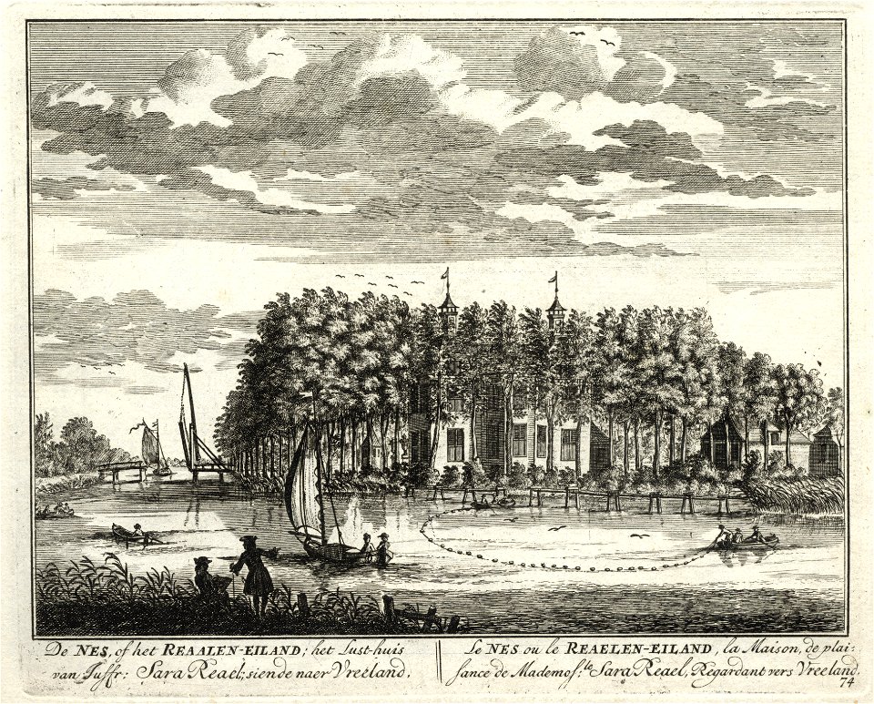 HUA-135763-Gezicht over de Vecht in de richting van Vreeland met tussen de bomen het Realeneiland met de zij en de achtergevel van het huis De Nes