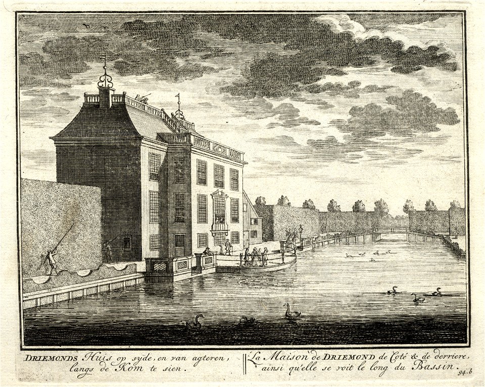 HUA-135787-Gezicht op de zij en achtergevel van het huis en de grote vijver achter het huis in de buitenplaats Driemond gelegen op de plaats waar de riviertjes h