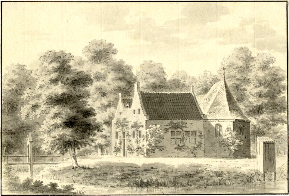 HUA-201442-Gezicht op de kapel te Isselt te Amersfoort met het daar tegenaan gebouwde huisNB Het huis bestaat nog in gewijzigde vorm en heeft het adres Isseltsew