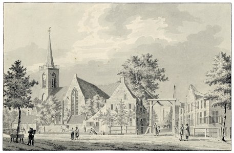 HUA-200459-Gezicht in Breukelen met de Nederlands Hervormde kerk vanuit het zuidoosten In het midden de ophaalbrug over de Kerkvaart Danne en daarachter de Heren