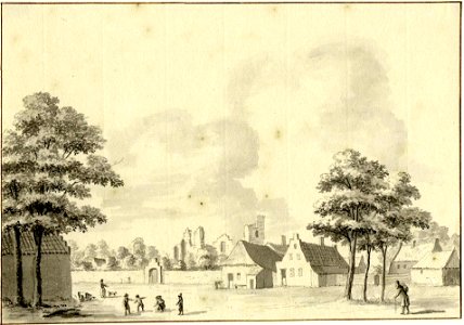 HUA-200565-Gezicht in het dorp Honswijk met op de achtergrond de ruïne van de kerk