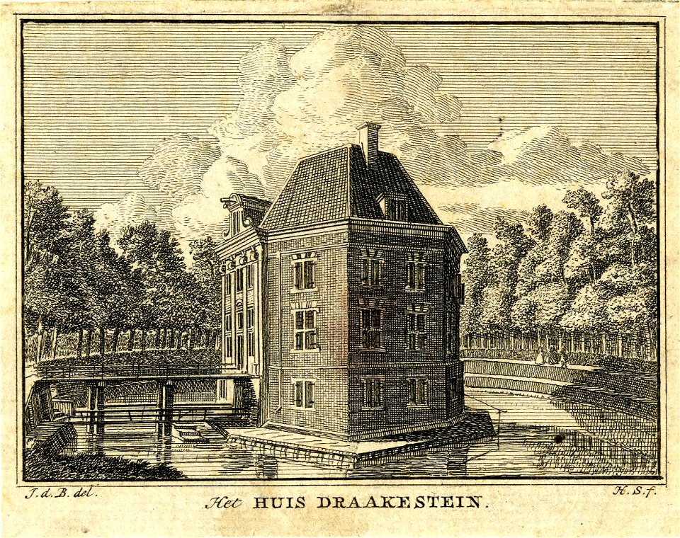 HUA-201187-Gezicht op de voor en zijgevel van het kasteel Drakestein te Lage Vuursche gemeente Baarn met de dubbele Utrechtse brug over de slotgracht uit het wes