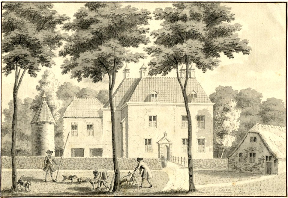 HUA-201465-Gezicht op het kasteel Kersbergen bij Zeist vanaf het voorterrein met rechts de bijbehorende boerderij