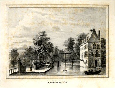 HUA-201739-Gezicht op de voor en zijgevel van het kasteel Oudegein te Jutphaas met links het voorterrein met enkele bouwhuizen uit het zuidoostenNB De gemeenten 