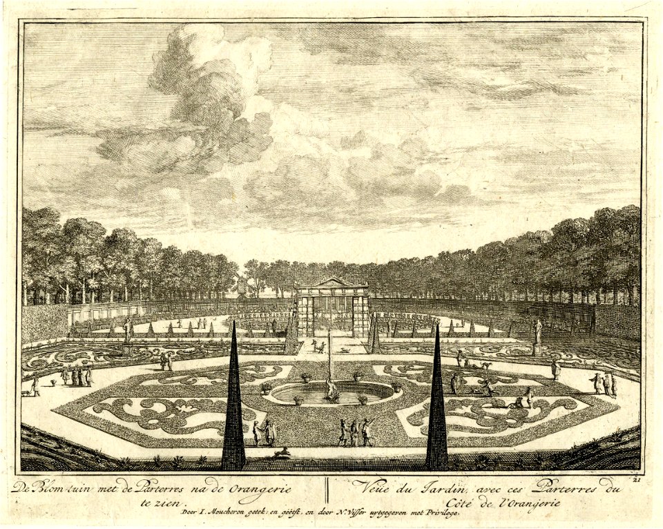 HUA-201407-Gezicht vanaf het huis Heemstede te Houten over de broderie parterres in de richting van het paviljoen aan het zuidwestelijke einde van de tuin