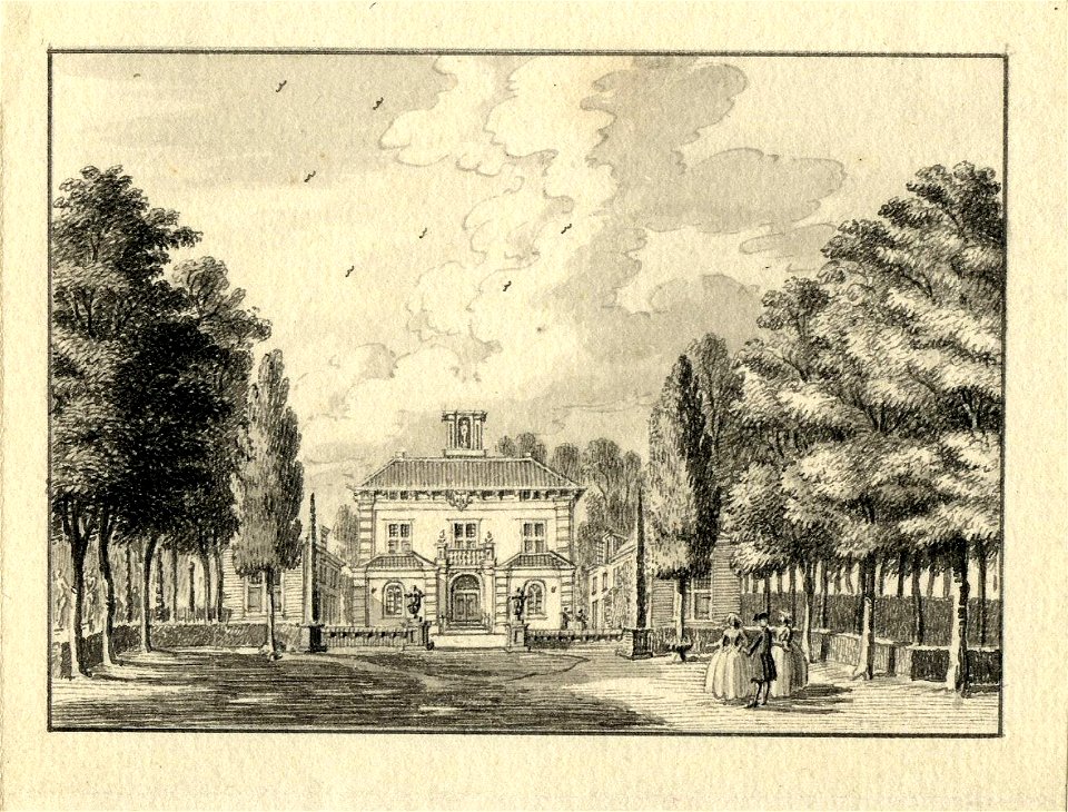 HUA-201283-Gezicht op de voorgevel en de beide bouwhuizen van het huis Gunterstein bij Breukelen uit het oosten