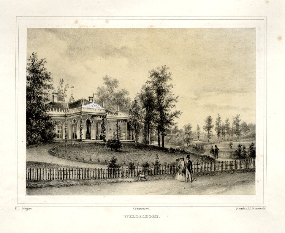 HUA-135891-Gezicht op de voorgevel van het huis Welgelegen bij Driebergen en de bijbehorende landschappelijk aangelegde tuin