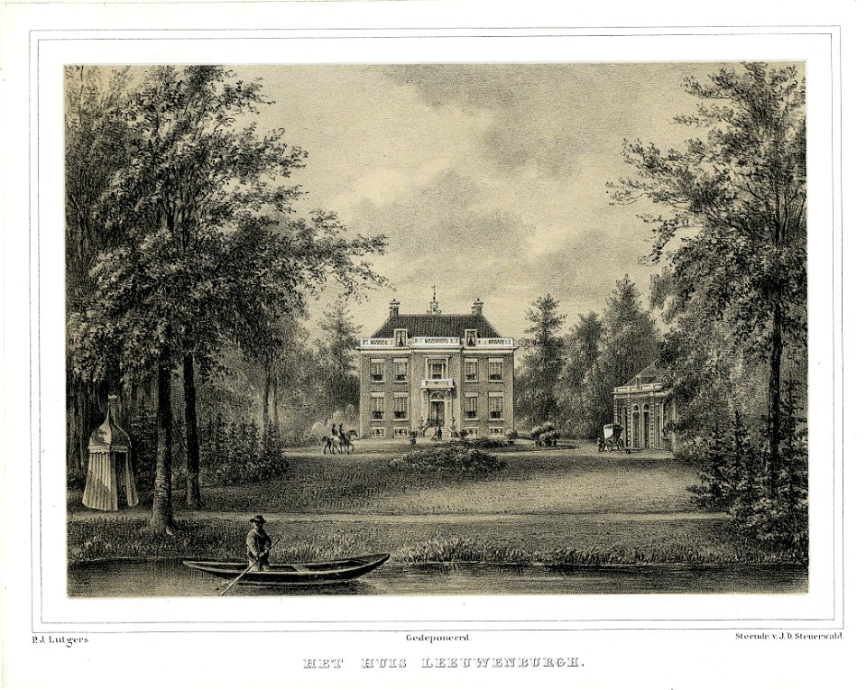 HUA-201535-Gezicht over de Langbroekerwetering op de voorgevel van het huis Leeuwenburgh Langbroekerdijk 39 te Driebergen temidden van het landschapspark met rec